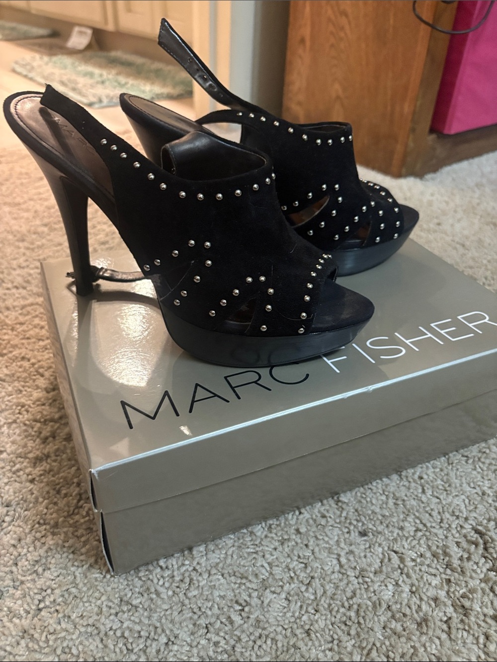 Marc Fisher Black Studded Suede Platform Slingback Pumps